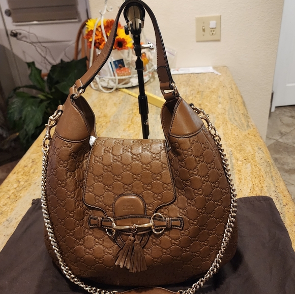 Authentic GUCCI Guccissima Medium Emily Brown Lather Hobo Bag with Chain Strap - Picture 2 of 16
